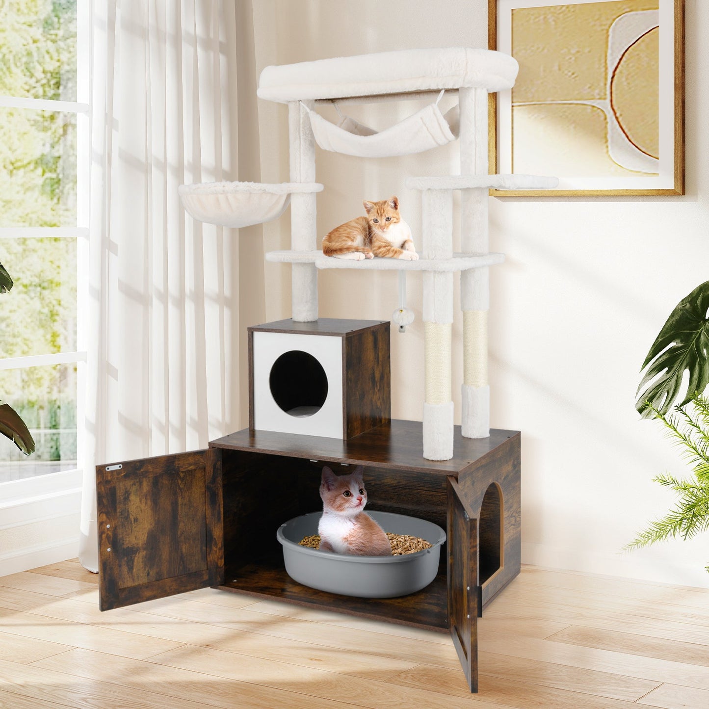 Rustic Brown Cat Tree with Litter Box Enclosure