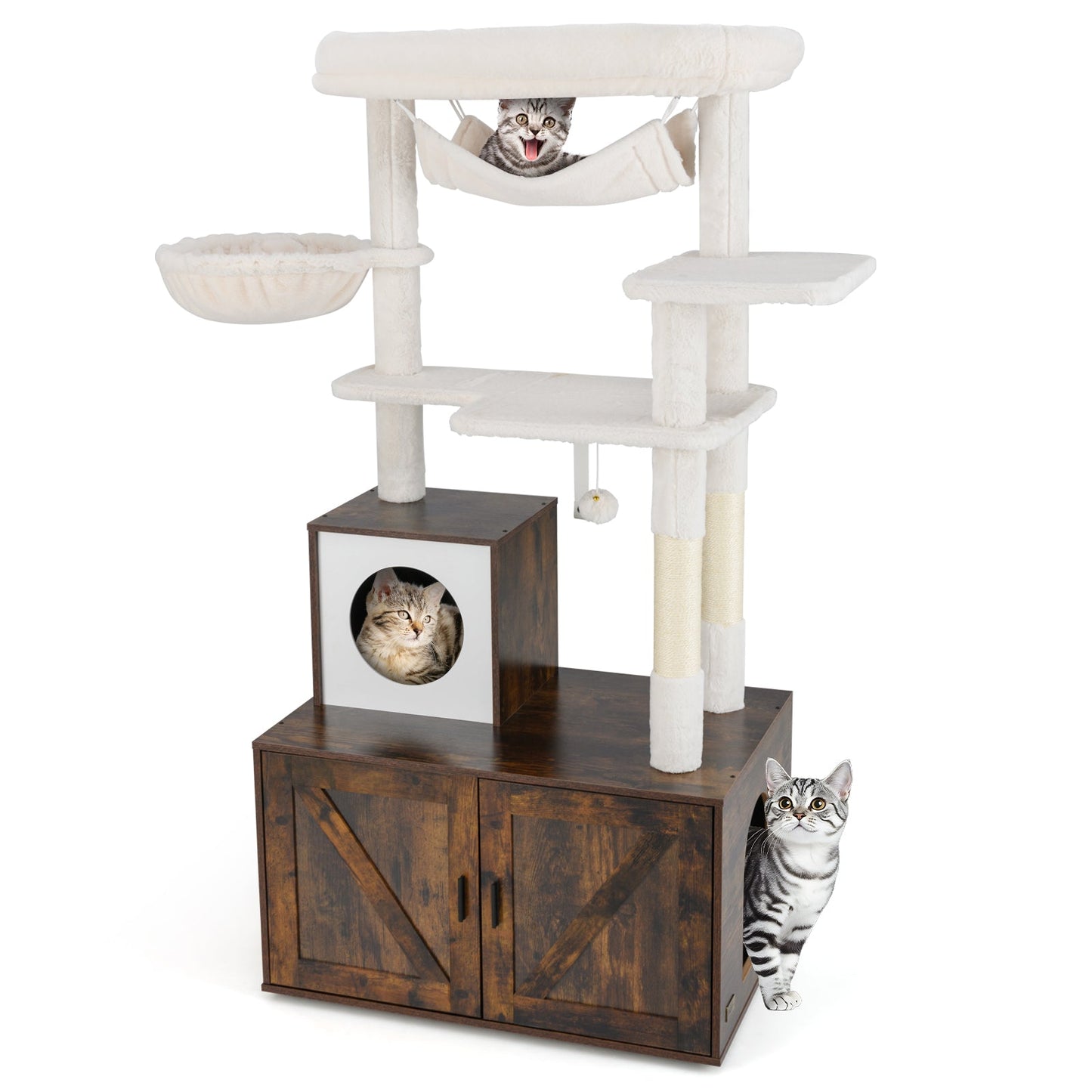 Rustic Brown Cat Tree with Litter Box Enclosure