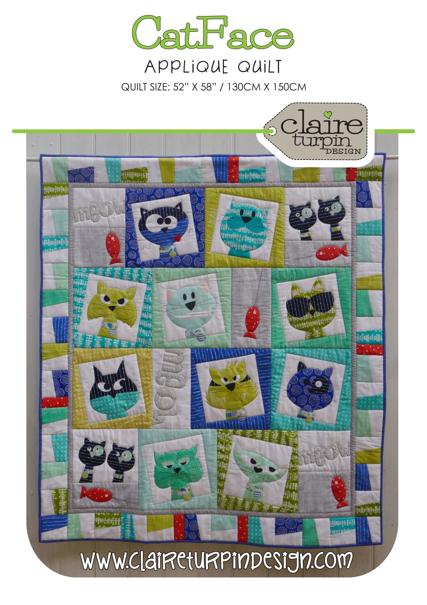 Patrón de colcha de aplique de cara de gato por Claire Turpin Designs