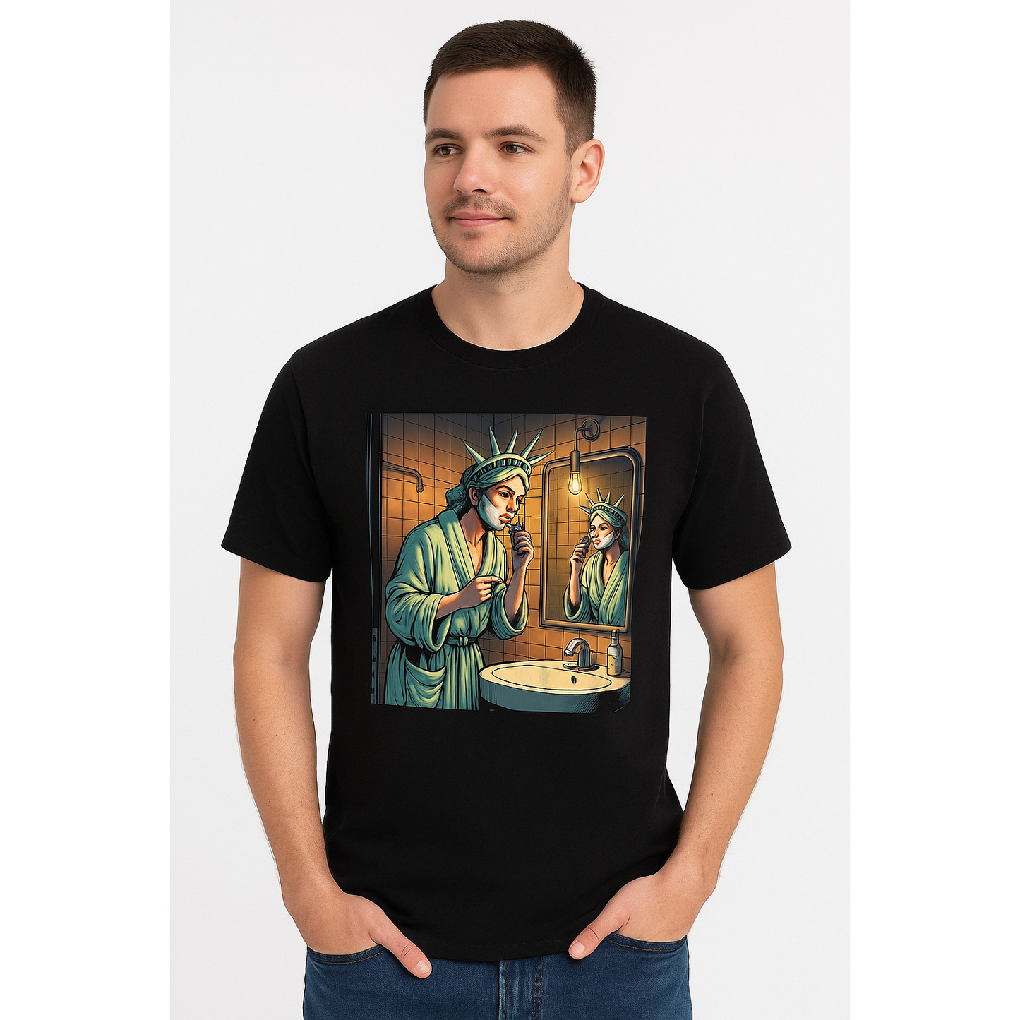 T-shirt graphique noir Pasteur Statue de la Liberté rasage