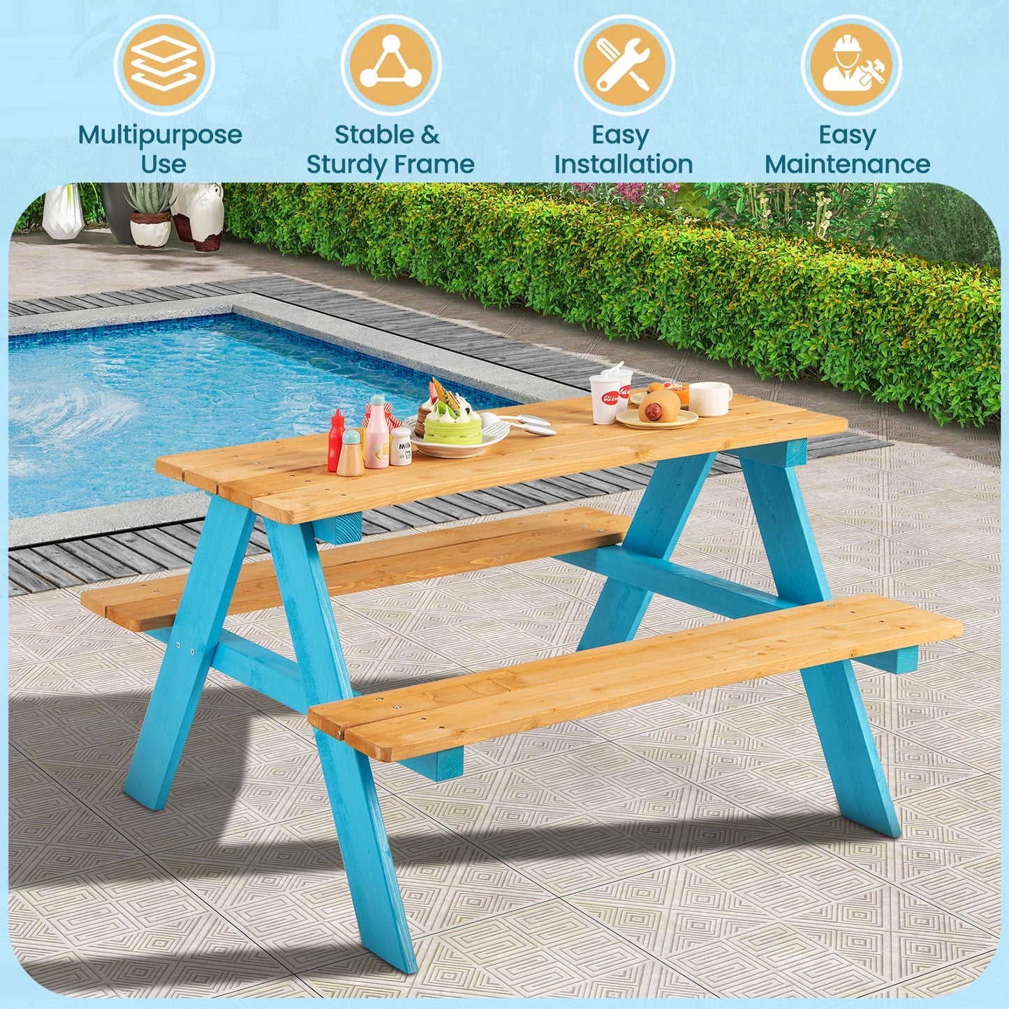 Table en bois d'extérieur pour enfants avec bancs