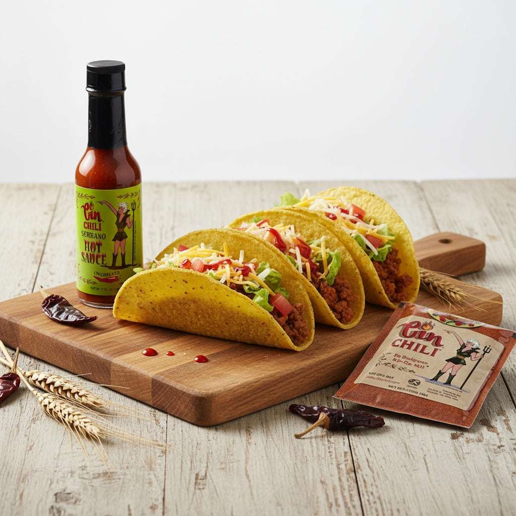 Cin Chili Taco Night Gift Box – 3 Chili Mixes & 2 Serrano Hot Sauces - Korvel