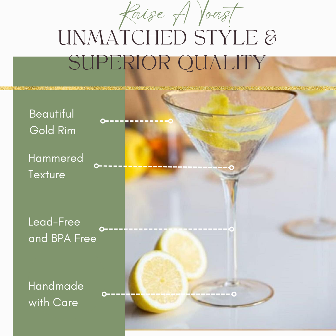 Artisan Hammered Cocktail Glasses with Gold Rim - Korvel