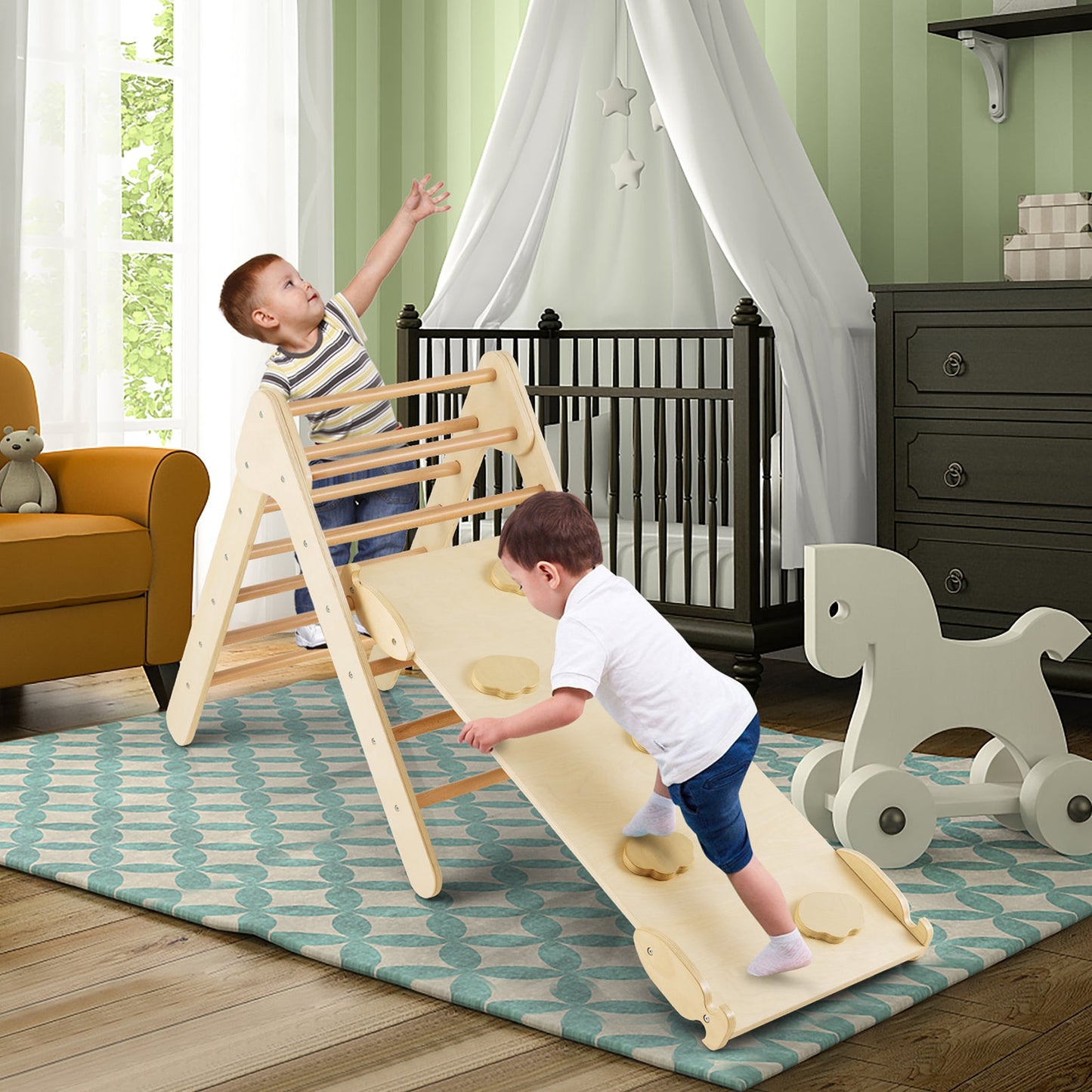3-in-1 Wooden Climbing Triangle Set with Adjustable Ramp