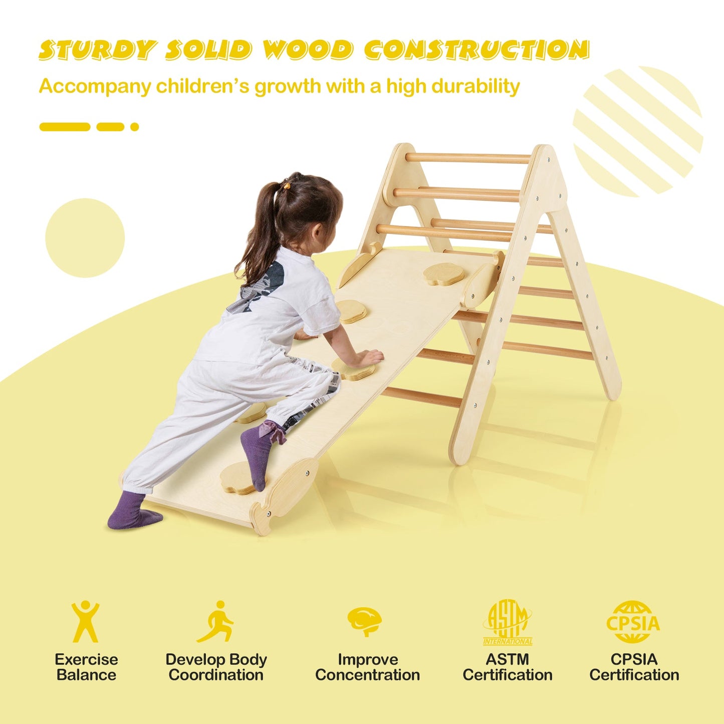 3-in-1 Wooden Climbing Triangle Set with Adjustable Ramp