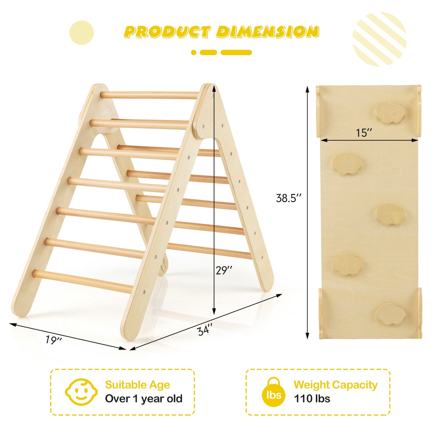 3-in-1 Wooden Climbing Triangle Set with Adjustable Ramp