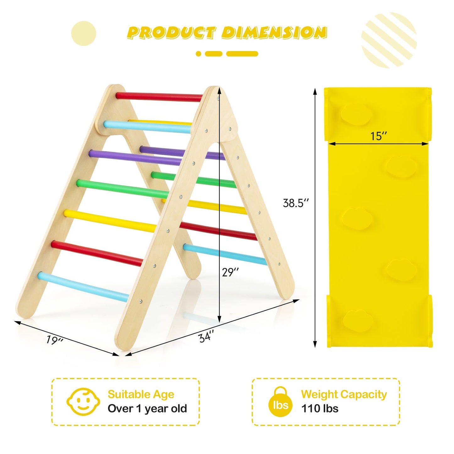 3-in-1 Wooden Climbing Triangle Set with Ramp - Multicolor