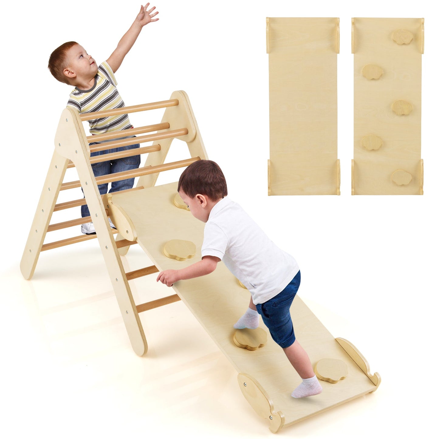 3-in-1 Wooden Climbing Triangle Set with Adjustable Ramp
