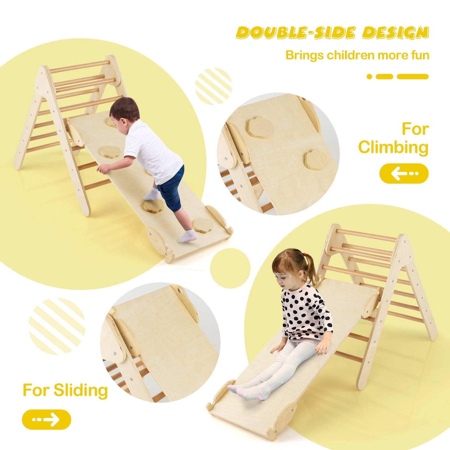 3-in-1 Wooden Climbing Triangle Set with Adjustable Ramp