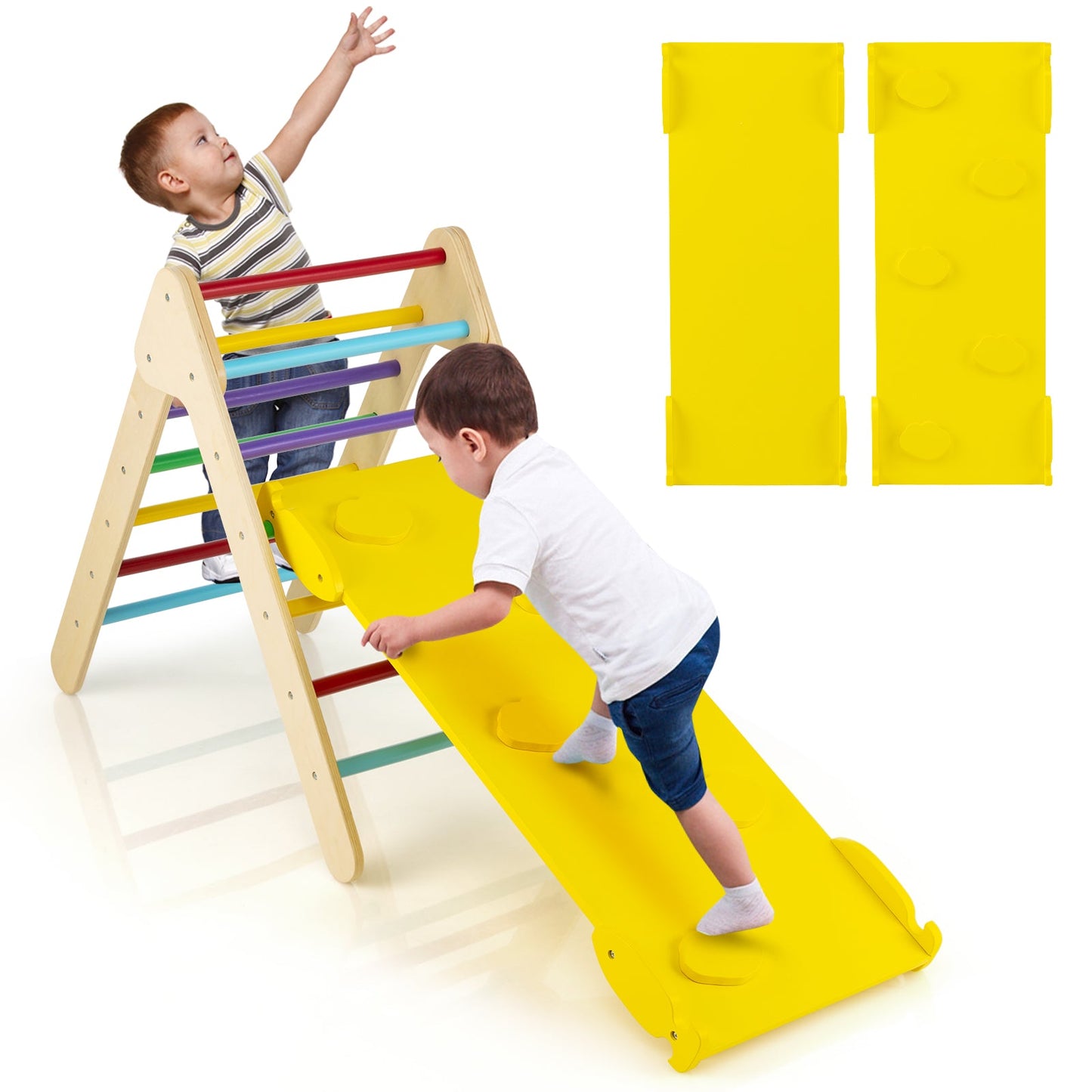 3-in-1 Wooden Climbing Triangle Set with Ramp - Multicolor