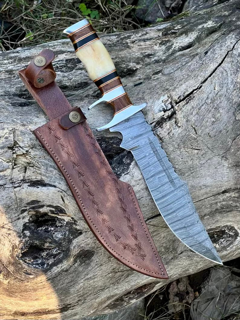 Premium 14” Damascus Steel Sub-Hilt Fighter Bowie Knife – Ideal Holiday Gift with Leather Sheath - Korvel