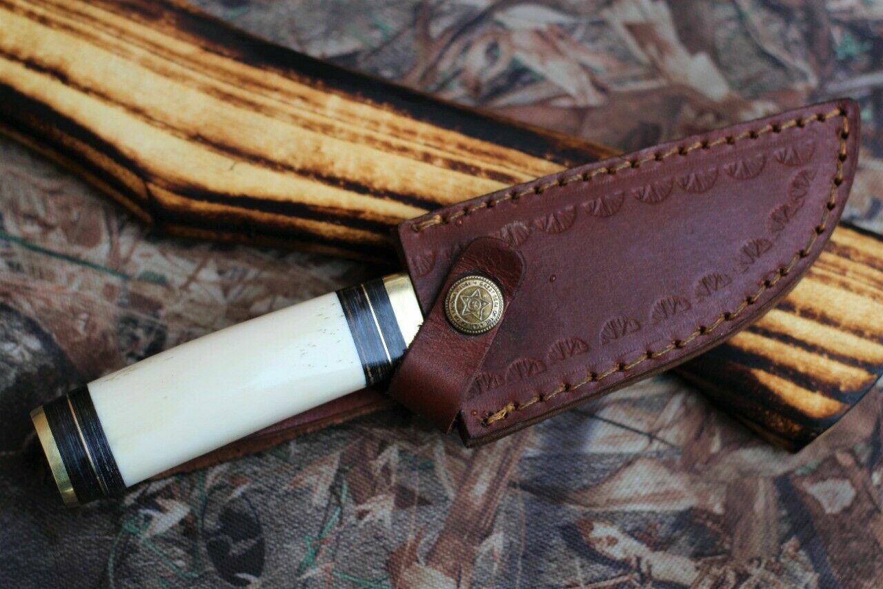 Handcrafted Damascus Steel Camping Knife with Elegant Camel Bone Handle - Korvel