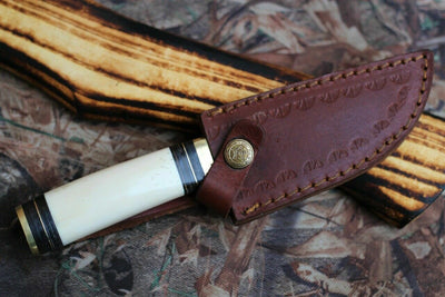 Handcrafted Damascus Steel Camping Knife with Elegant Camel Bone Handle - Korvel