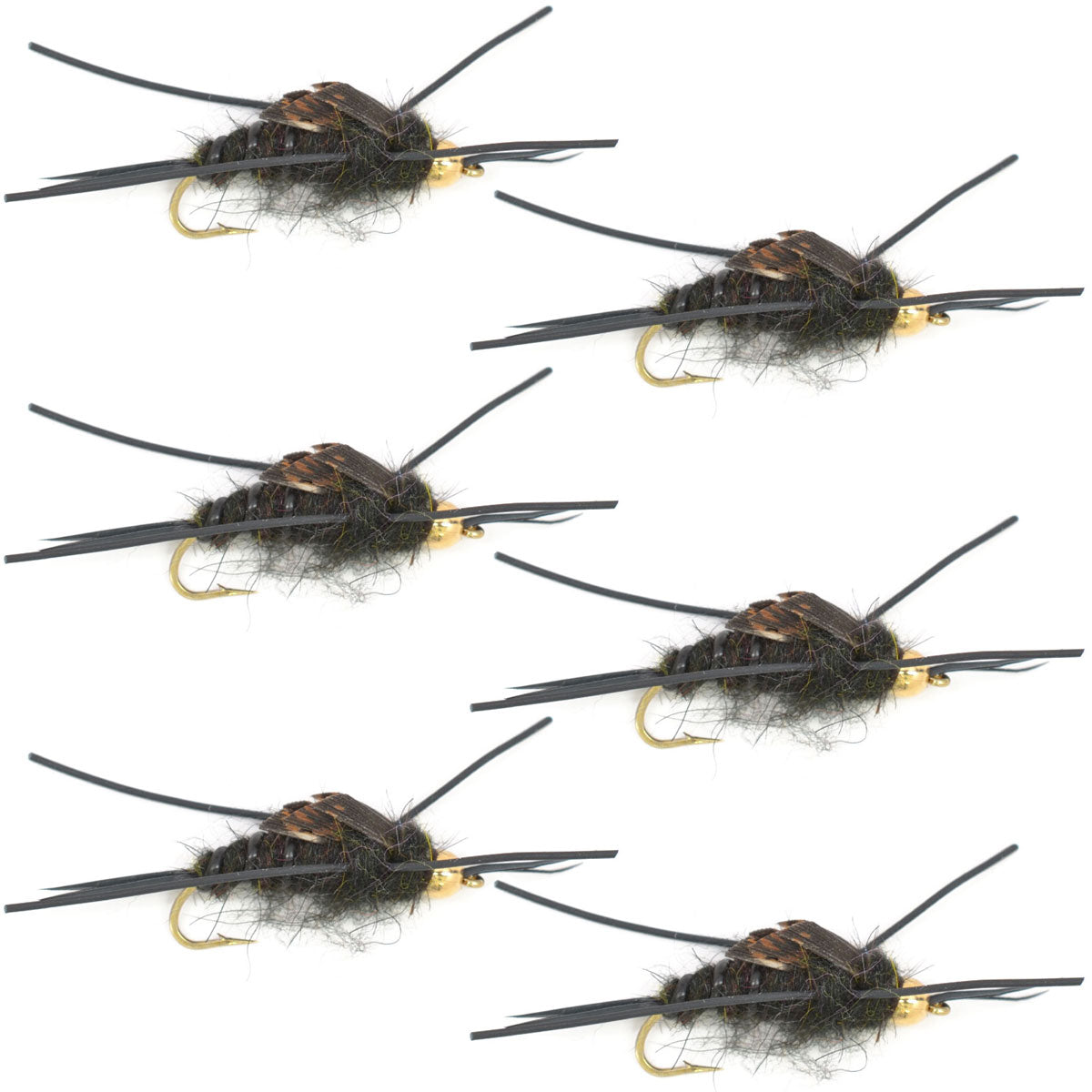 Kaufmann's Tungsten Bead Black Stone Fly with Rubber Legs - Set of 6 Size 10 Wet Flies - Korvel