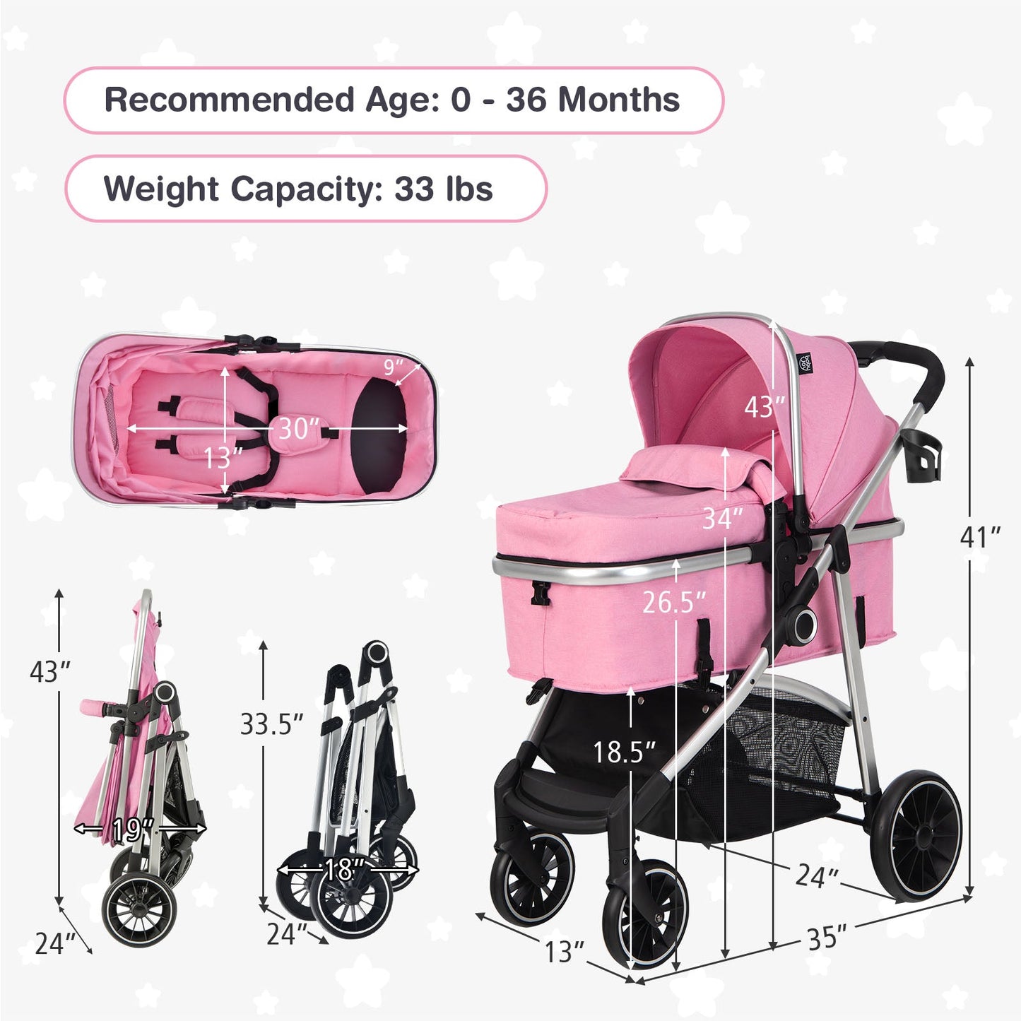 2-in-1 Convertible Baby Stroller with Reversible Seat - Pink