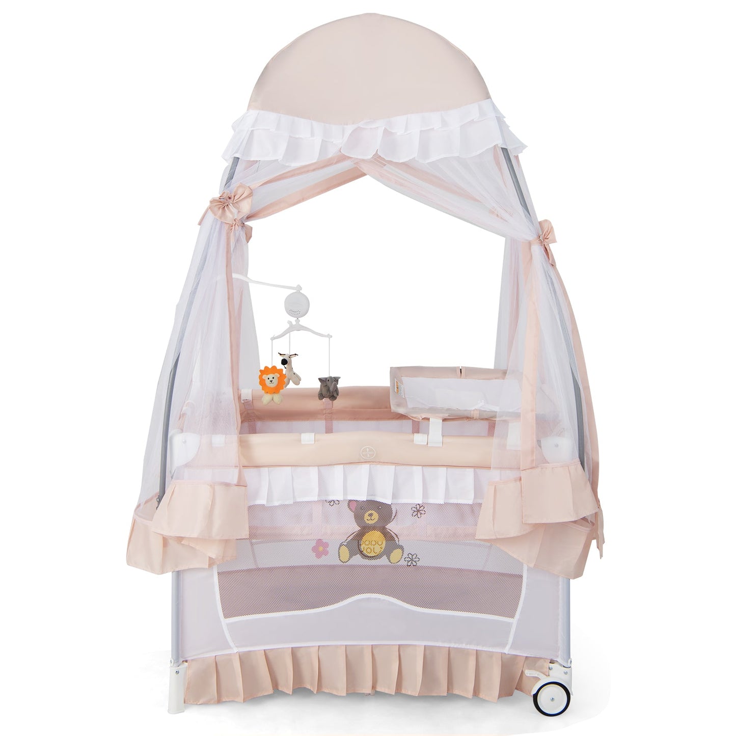 Cuna Convertible con Mesa de Cambio y Red de Malla - Rosa
