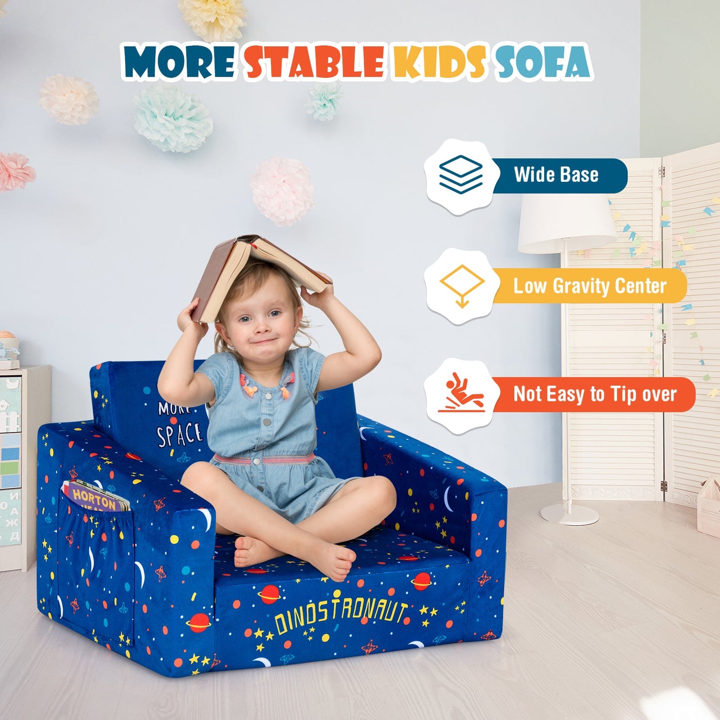 2-in-1 Convertible Kids Sofa in Blue Velvet