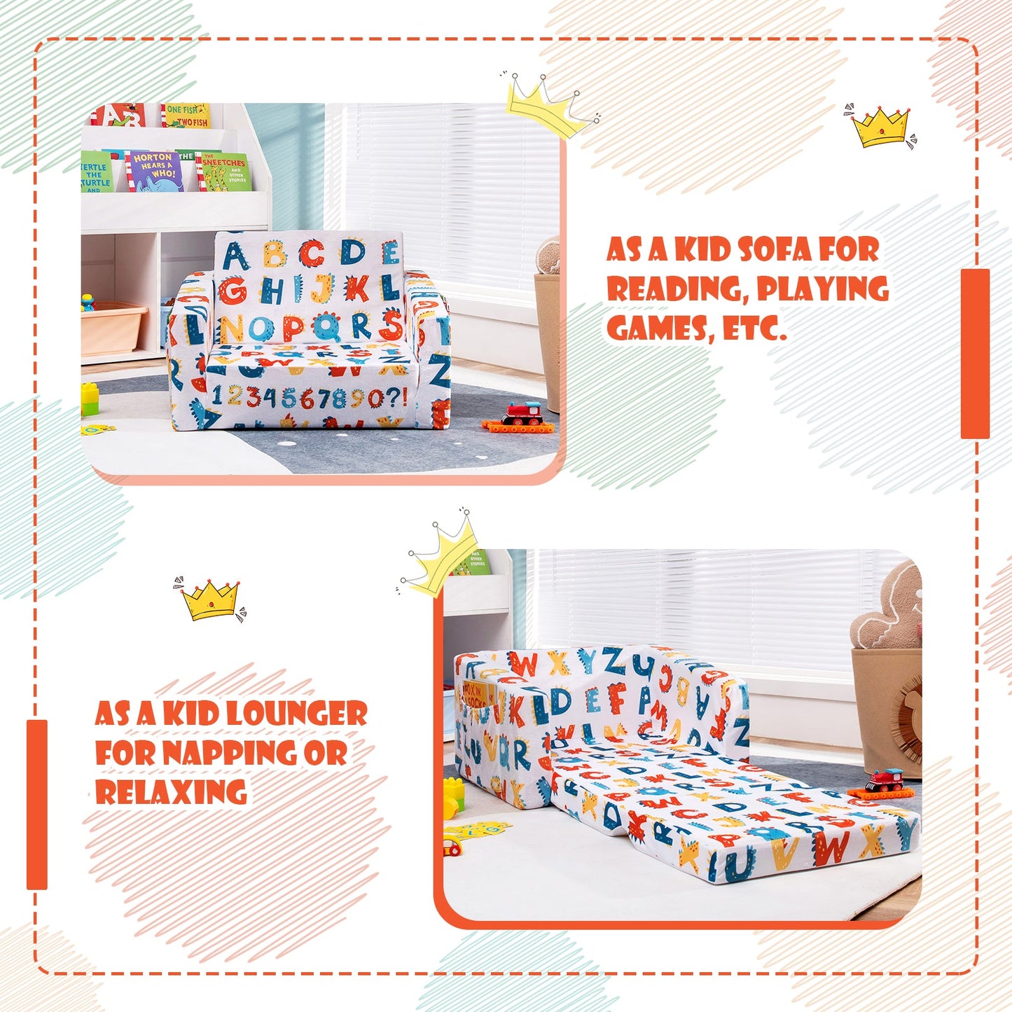 2-in-1 Convertible Kids Sofa in Velvet Fabric - Multicolor