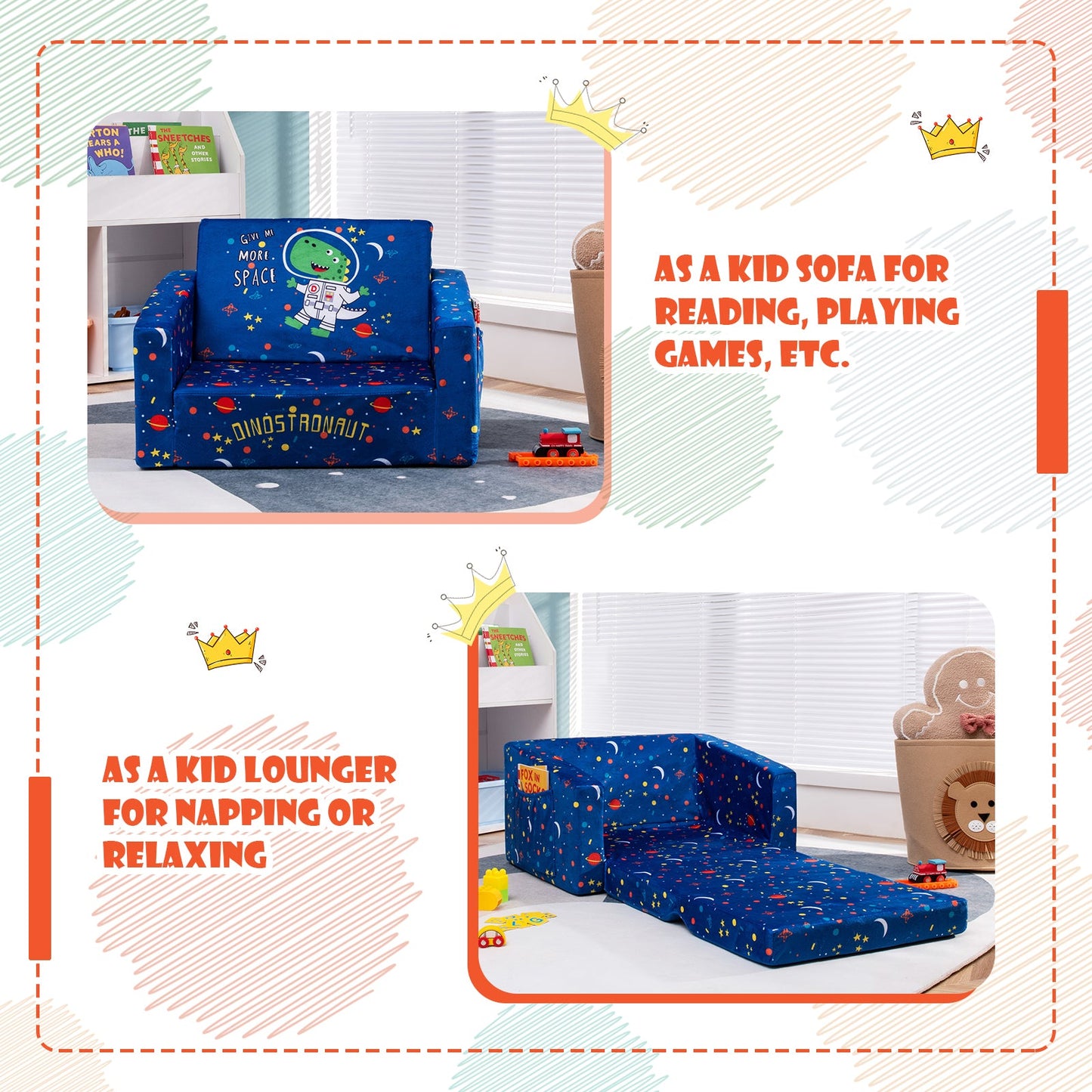 2-in-1 Convertible Kids Sofa in Blue Velvet