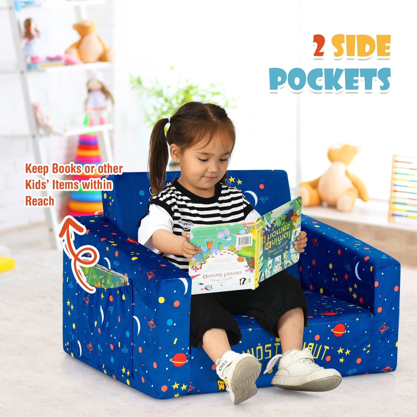 2-in-1 Convertible Kids Sofa in Blue Velvet