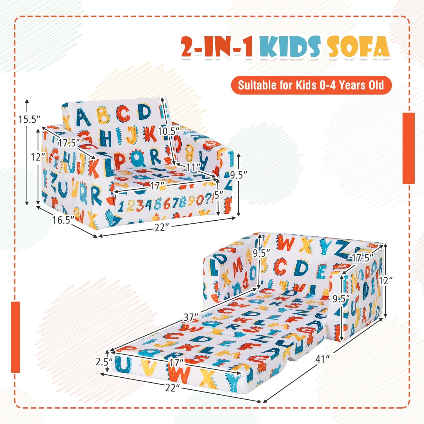2-in-1 Convertible Kids Sofa in Velvet Fabric - Multicolor