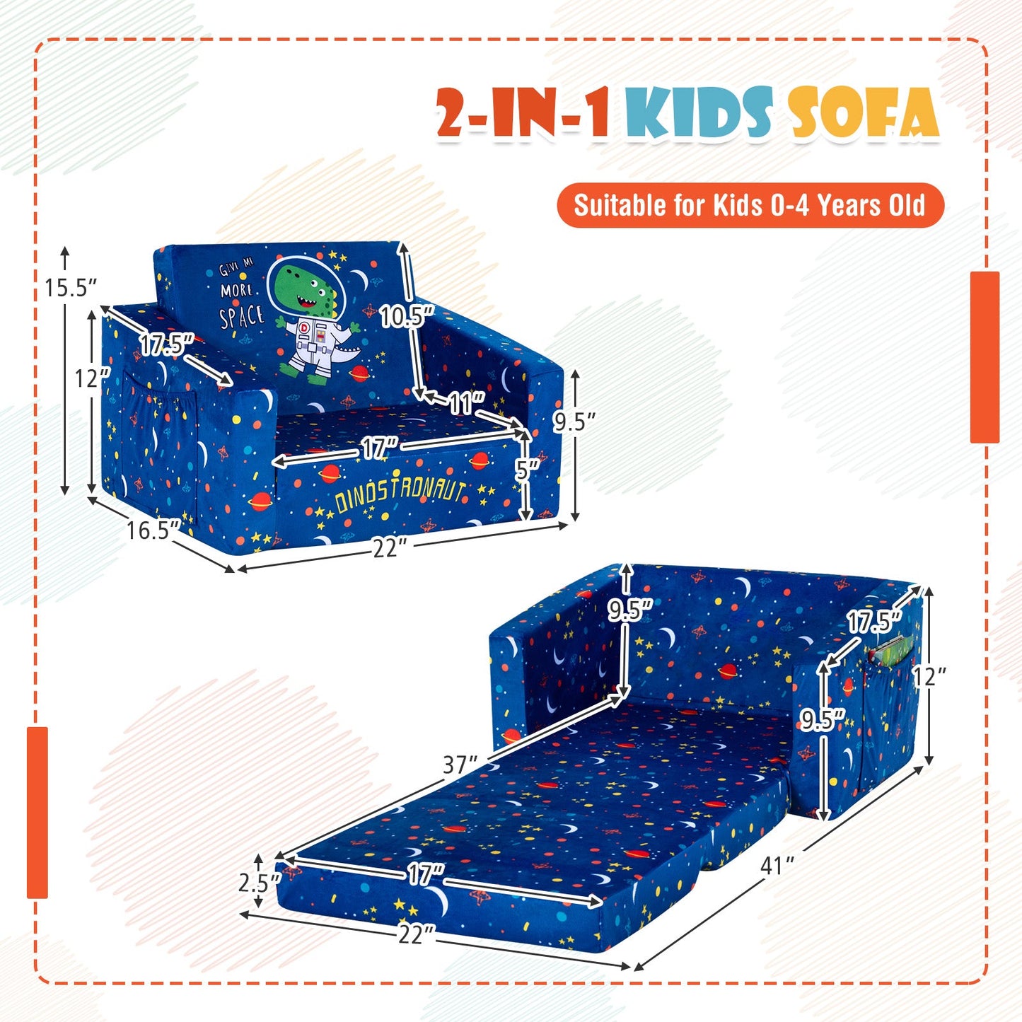 2-in-1 Convertible Kids Sofa in Blue Velvet