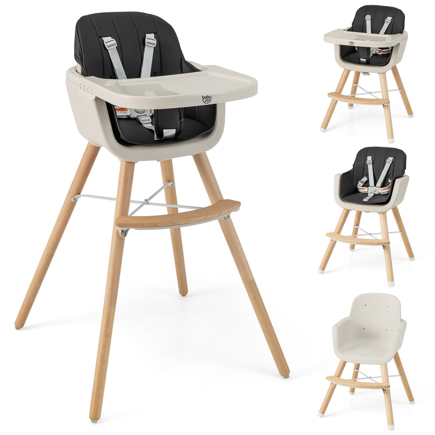 Chaise haute en bois convertible 3-en-1 avec coussin - Noir