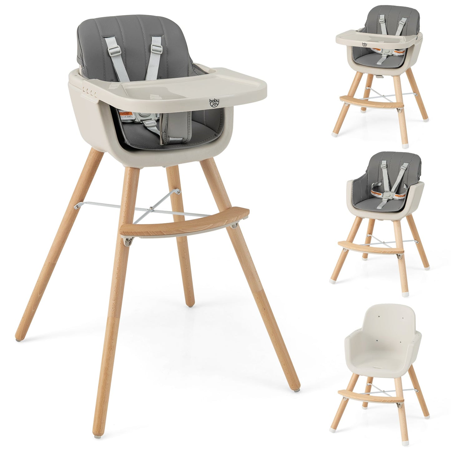 Chaise haute en bois convertible 3-en-1 avec coussin - Gris clair