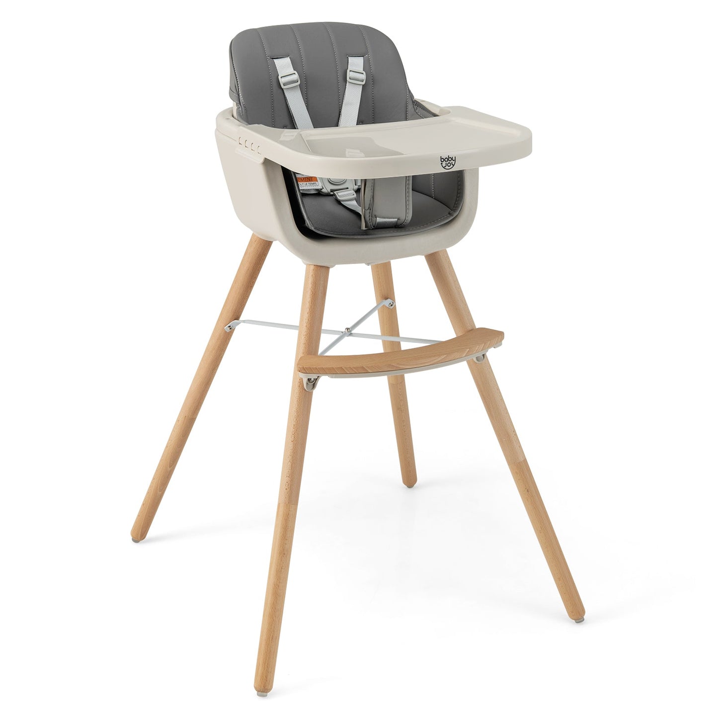 Chaise haute en bois convertible 3-en-1 avec coussin - Gris clair