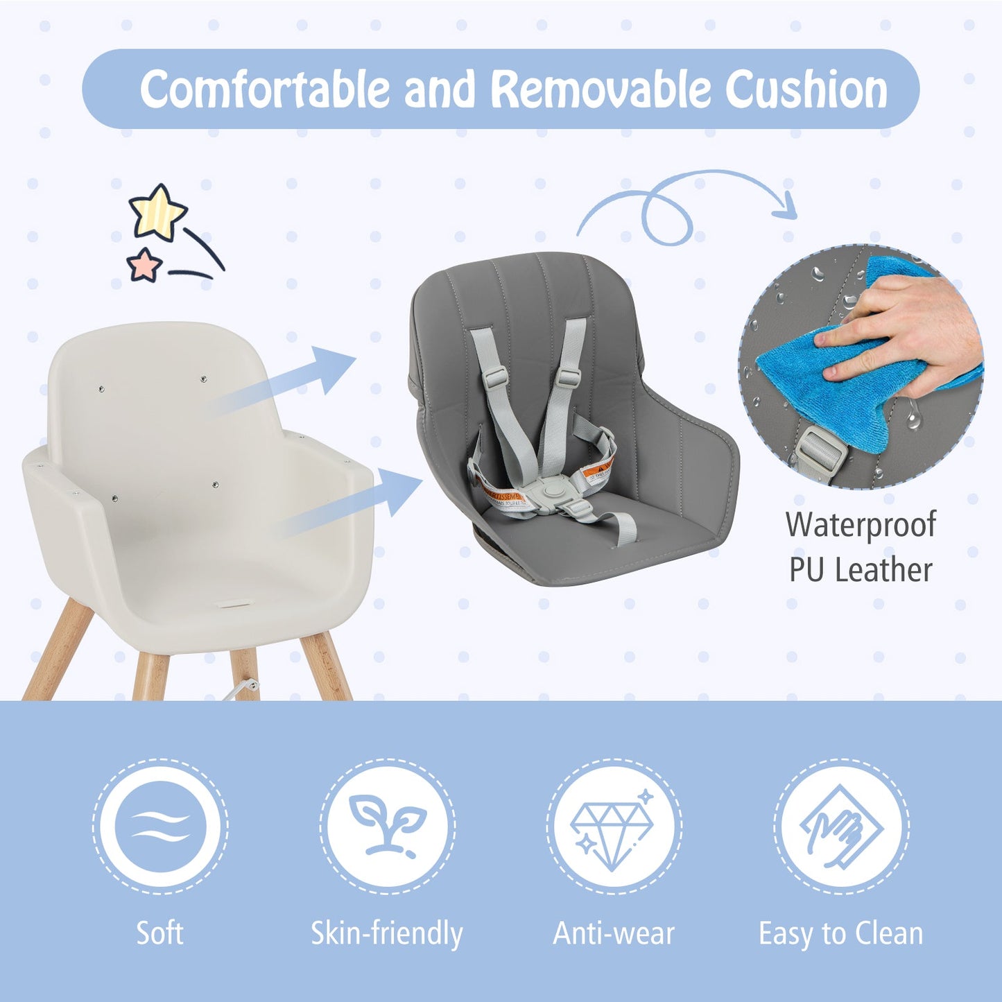 Chaise haute en bois convertible 3-en-1 avec coussin - Gris clair