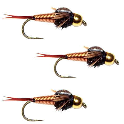 Copper John Nymph Flies - 3 Pack Barbless Bead Head, Size 14 - Korvel