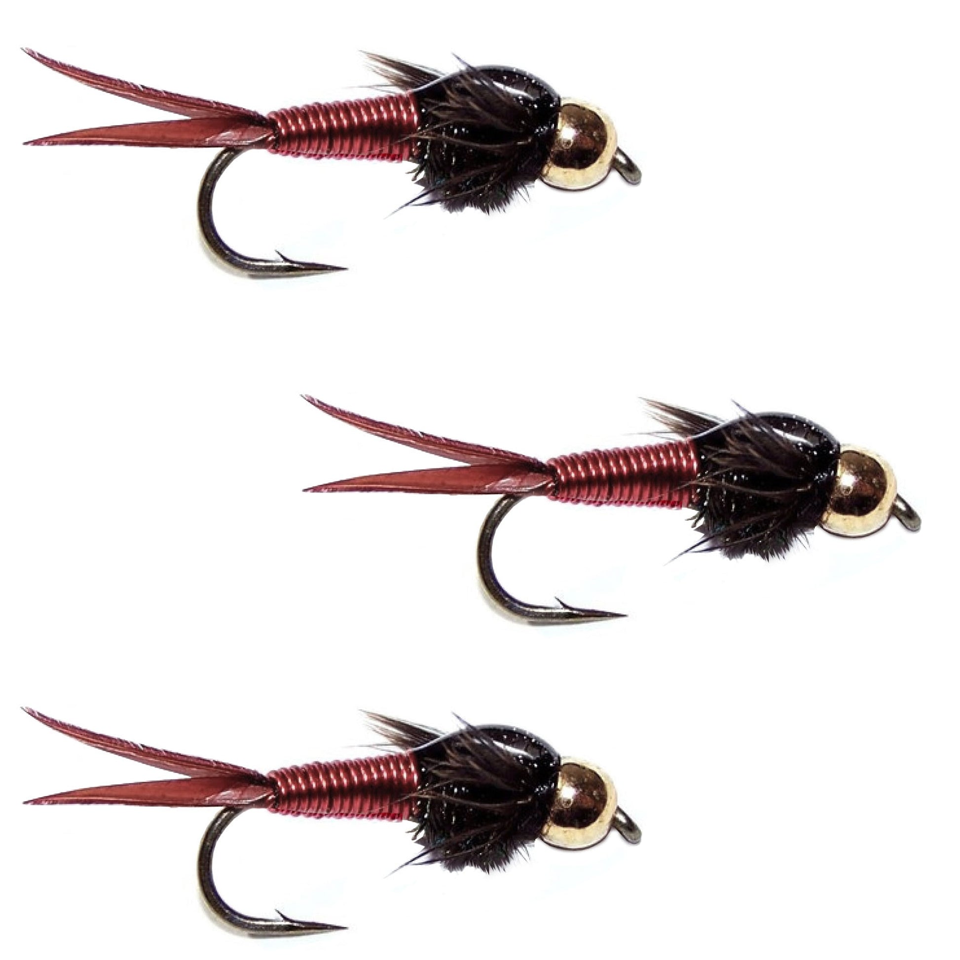 3 Pack Red Copper John Nymph Flies - Size 16 for Trout Fishing - Korvel
