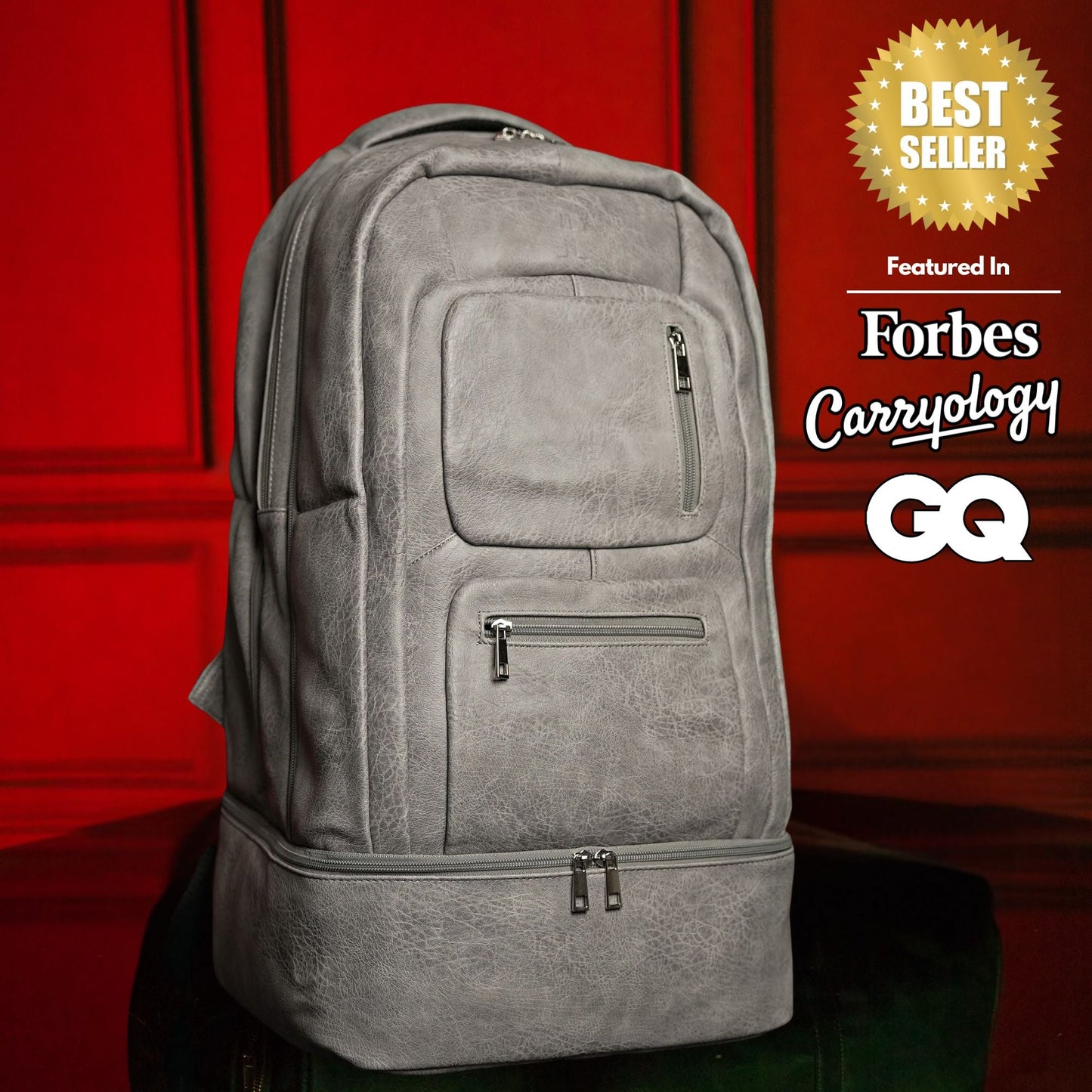 Mochila de mano patentada de cuero gris