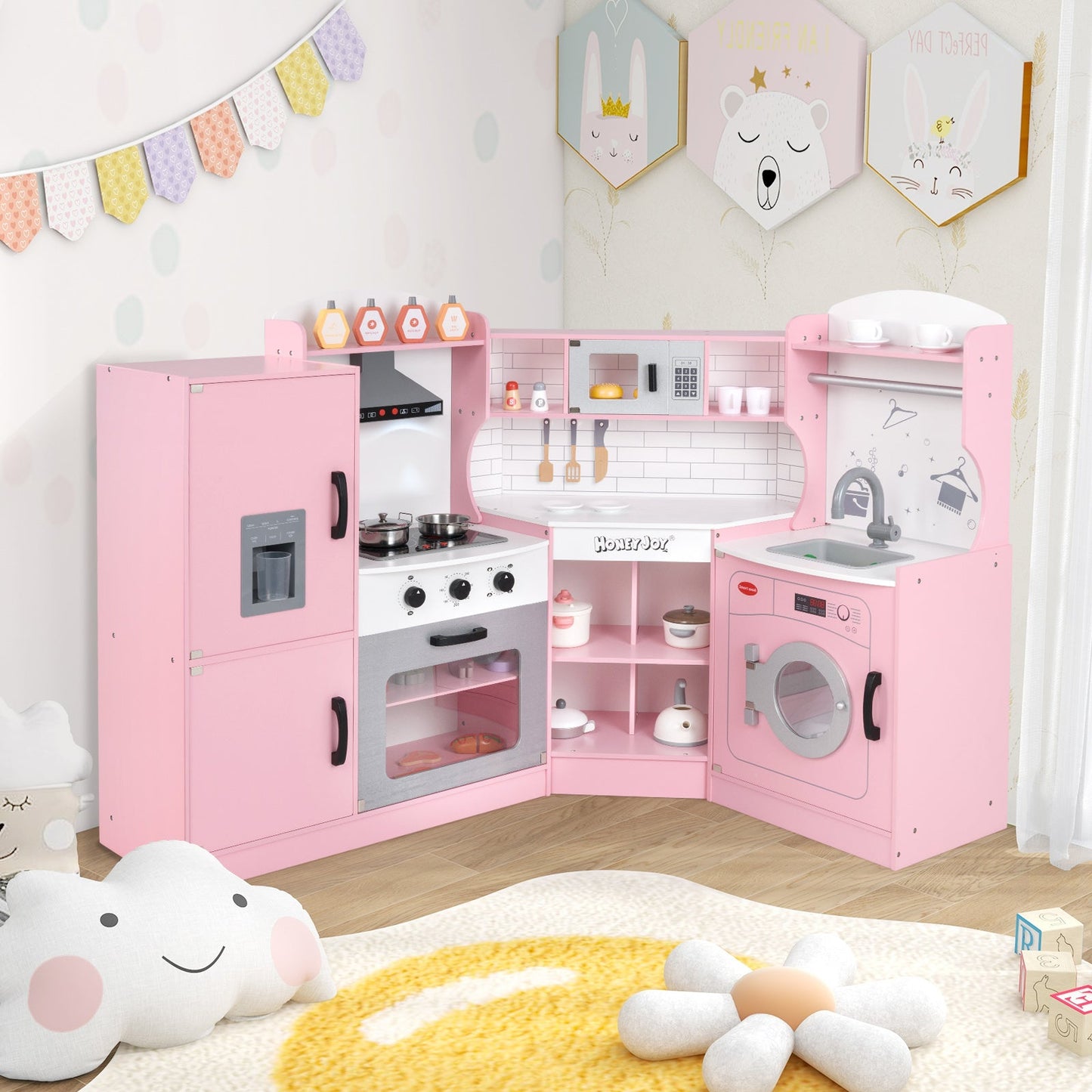 Cocina de Juguete en Esquina Gbruno para Niños con Lavadora - Rosa