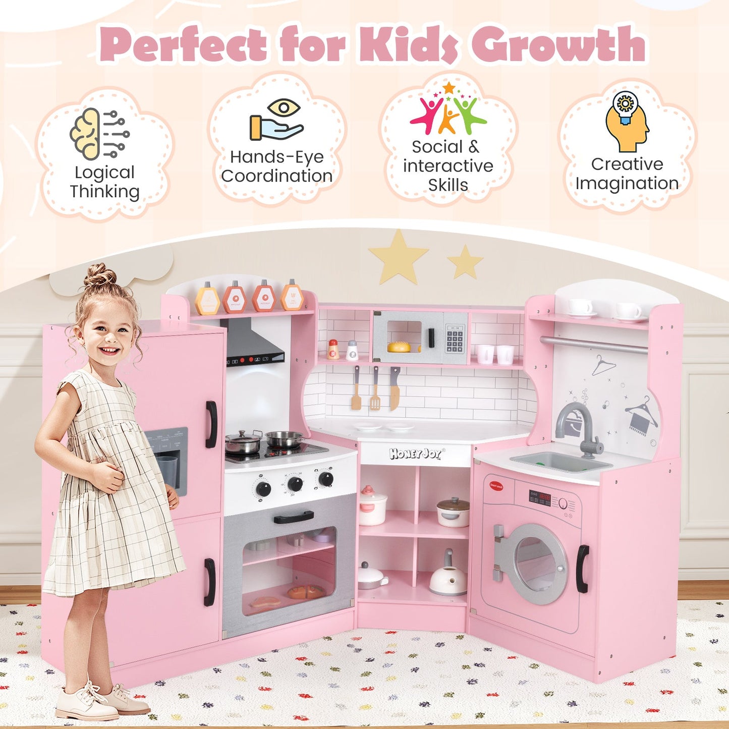 Cocina de Juguete en Esquina Gbruno para Niños con Lavadora - Rosa