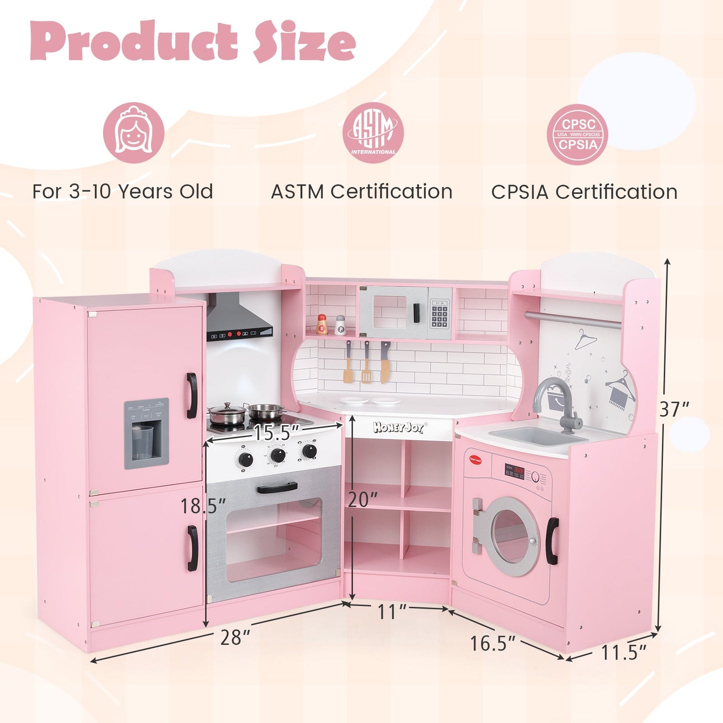 Cocina de Juguete en Esquina Gbruno para Niños con Lavadora - Rosa