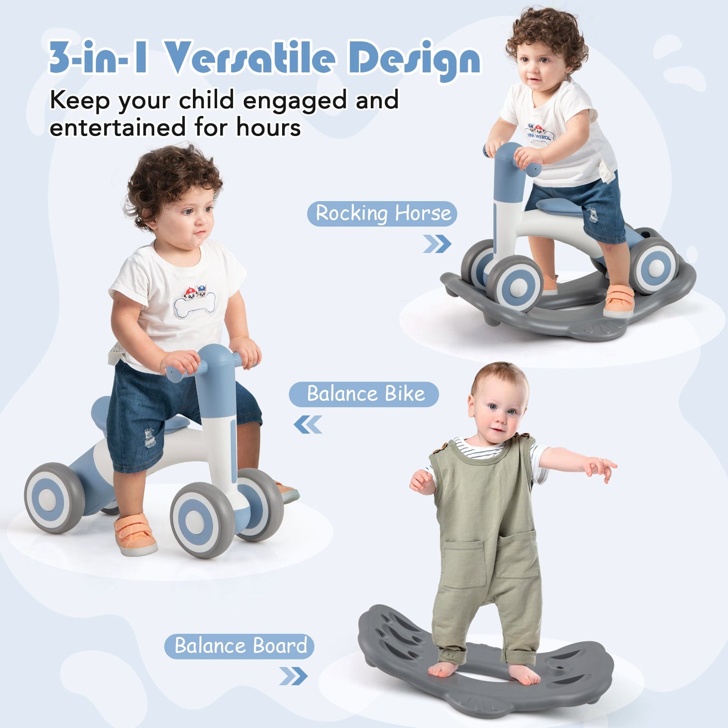 3-in-1 Rocking Horse with Detachable Balance Board - Gray