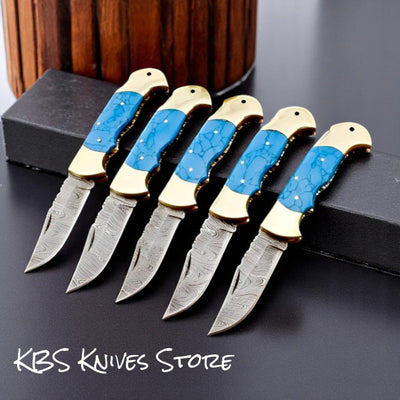 Handcrafted Cowboy EDC Damascus Folding Knife - 3" Blade with Turquoise Handle - Korvel
