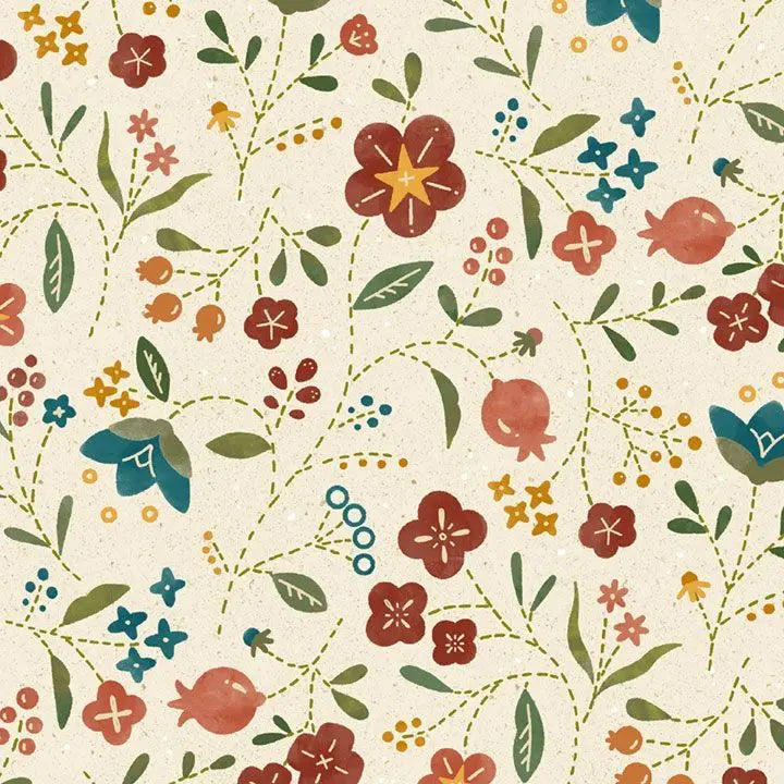 Tela de algodón de fondo ancho floral crema - Calidad premium