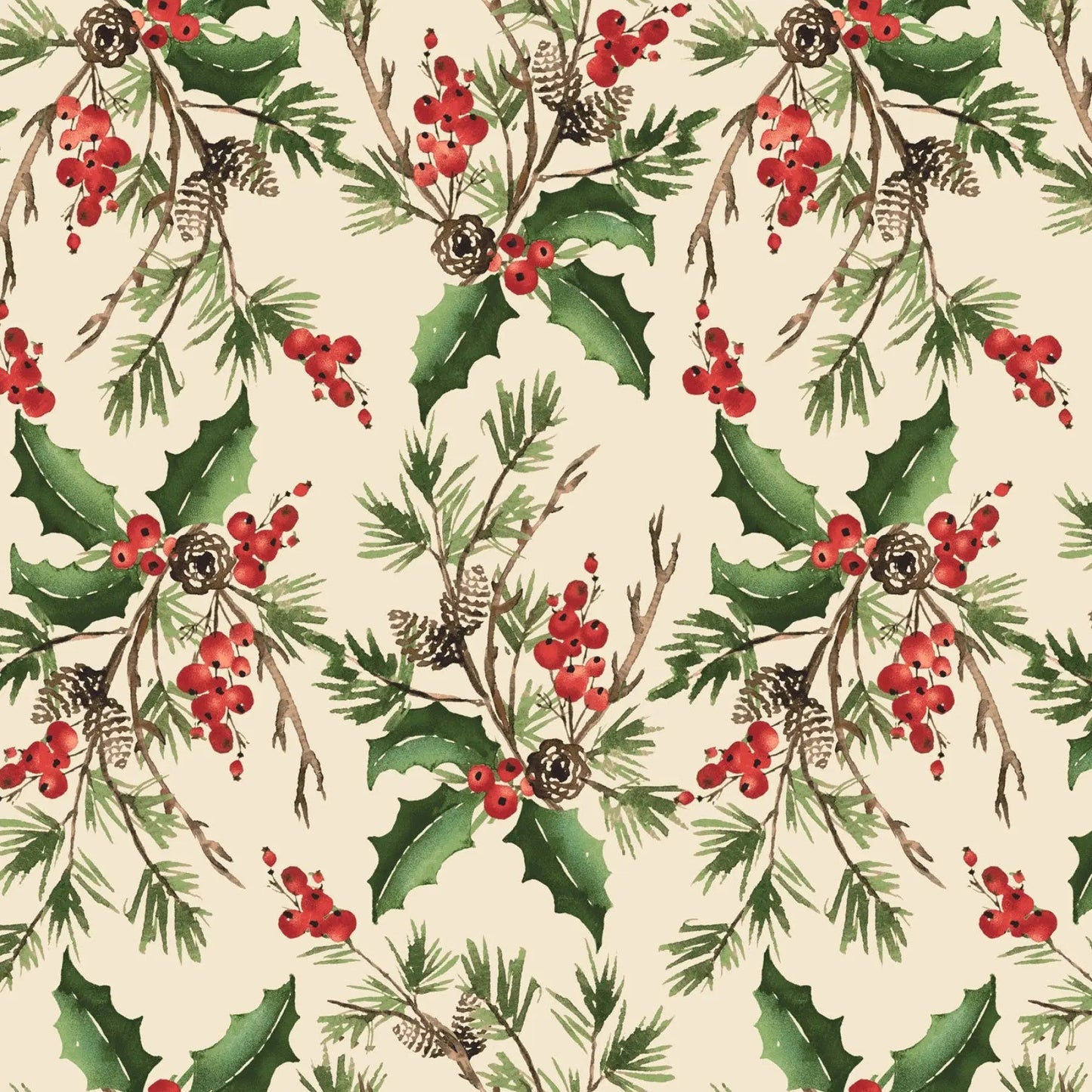 Tela de algodón de fondo ancho Cream Holly Bouquet - Calidad premium
