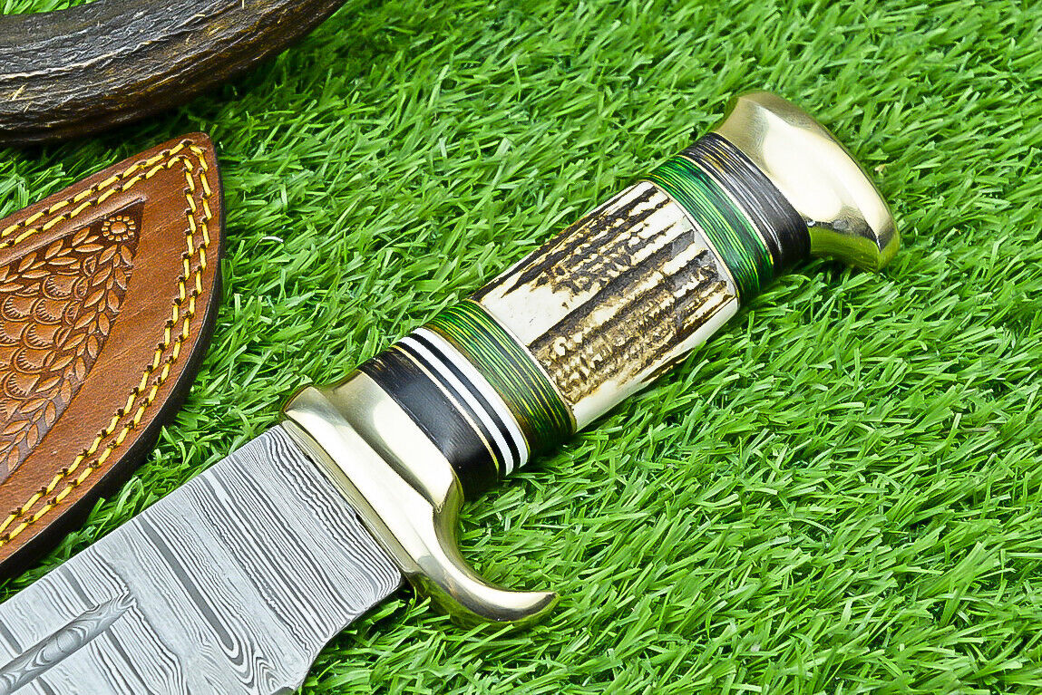 Premium Dundee Bowie Knife – 16" Handcrafted Damascus Steel Blade with Brass Guard & Choice of Pakkawood or Stag Horn Handle + Leather Sheat - Korvel