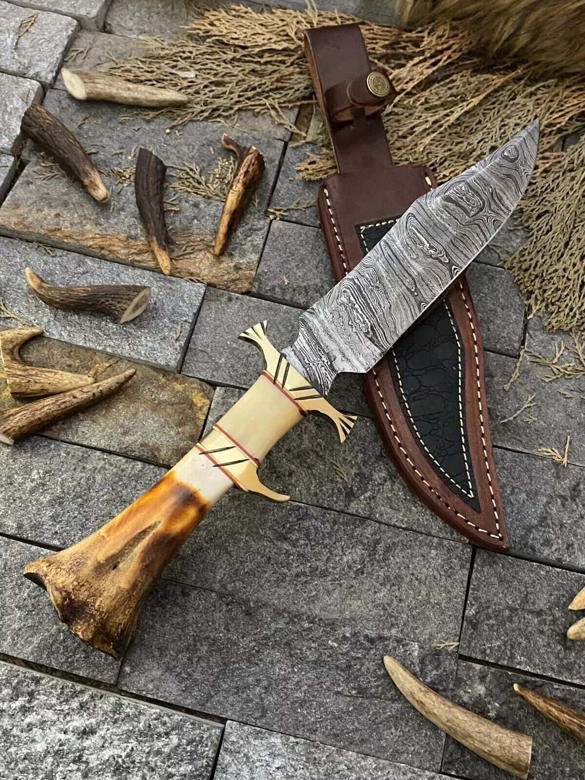 Exquisite Handmade Damascus Steel Bowie Knife – 13-Inch Blade with Elegant Bone and Brass Handle, Includes Premium Leather Sheath - Korvel