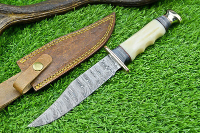 Premium Handmade Western Boulder Knife – 11" Damascus Blade with Unique Camel Bone Handle & Leather Sheath - Korvel