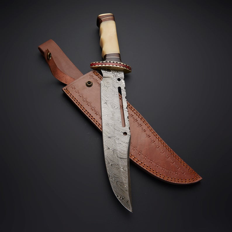 Custom Handmade Damascus Bowie Knife - Rambo First Blood Edition with Rosewood & Bone Handle - Korvel