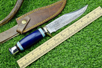 Boulder Colorado Adventure Knife – 11" Handmade Damascus Blade with Epoxy Resin Handle & Leather Sheath - Korvel
