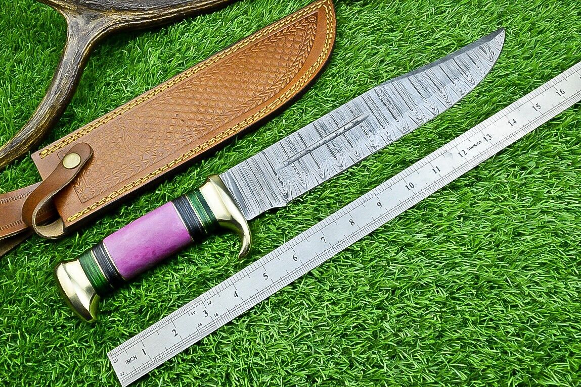 Premium Damascus Steel Bowie Knife - 16" Blade with Brass Guard & Pakkawood Handle, Includes Leather Sheath - Korvel