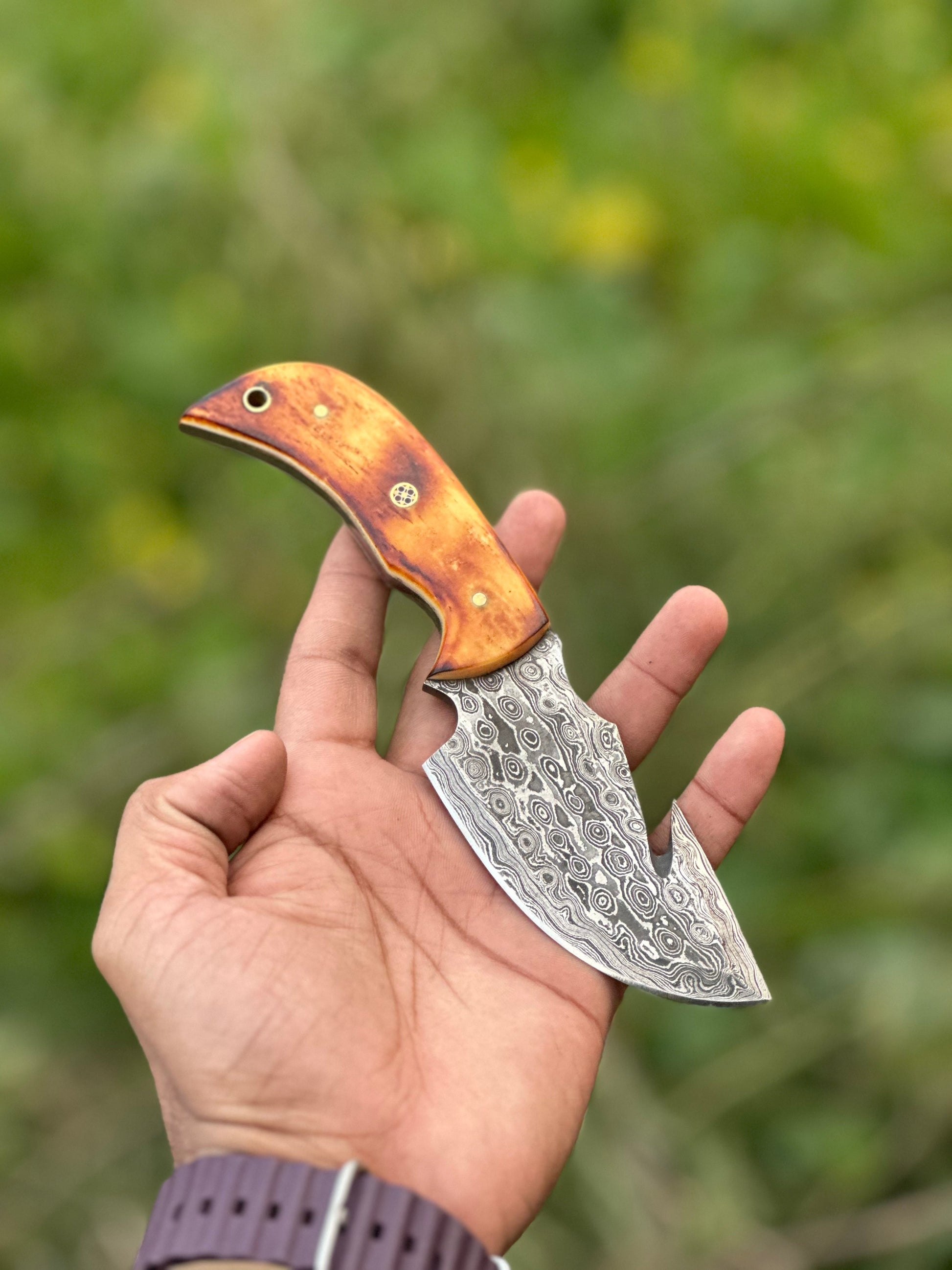 Artisan Damascus Steel Guthook Skinning Knife with Camel Bone Handle - 7.5” Blade & Leather Sheath - Korvel