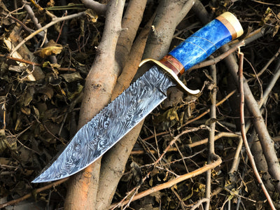 Exquisite Custom Fire Pattern Damascus Bowie Knife – Buffalo Horn & Olive Wood Handle with Leather Sheath | 13-Inch, Ideal for Hunting – KBS - Korvel