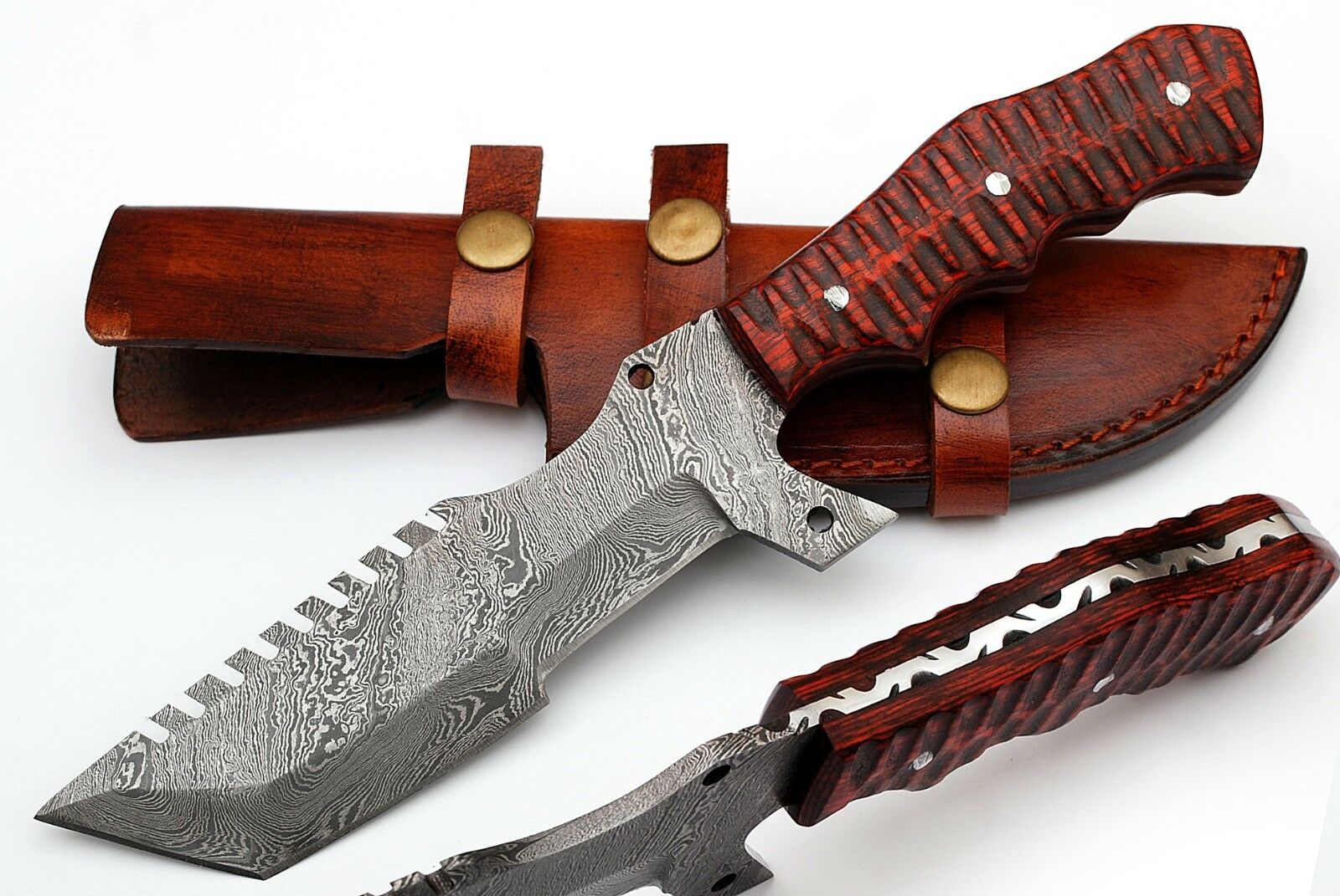 Premium Handcrafted Damascus Steel Tanto Tracker Knife - 11.5" Exotic Wood Handle with Horizontal Leather Sheath | Perfect for Survival, Cam - Korvel