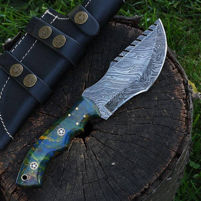 Premium Handcrafted Fire Damascus Tom Brown Tracker Knife - 10" Epoxy Resin Handle with Horizontal Leather Sheath | Tactical & Survival Gear - Korvel